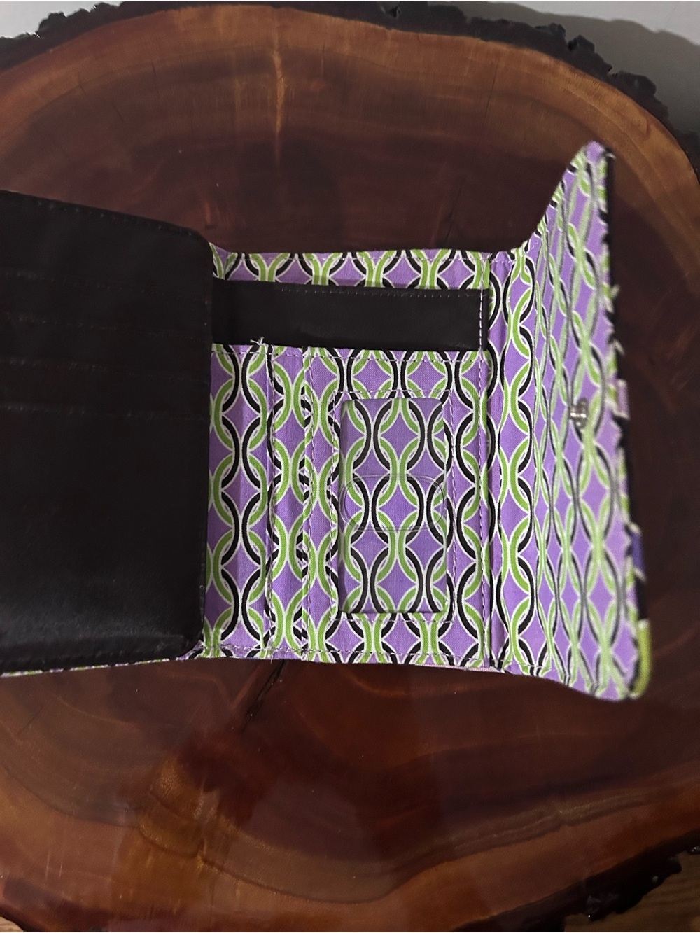 Vera Bradley Quilted Floral Trifold Wallet in Purple, Green and Black - Picture 7 of 11